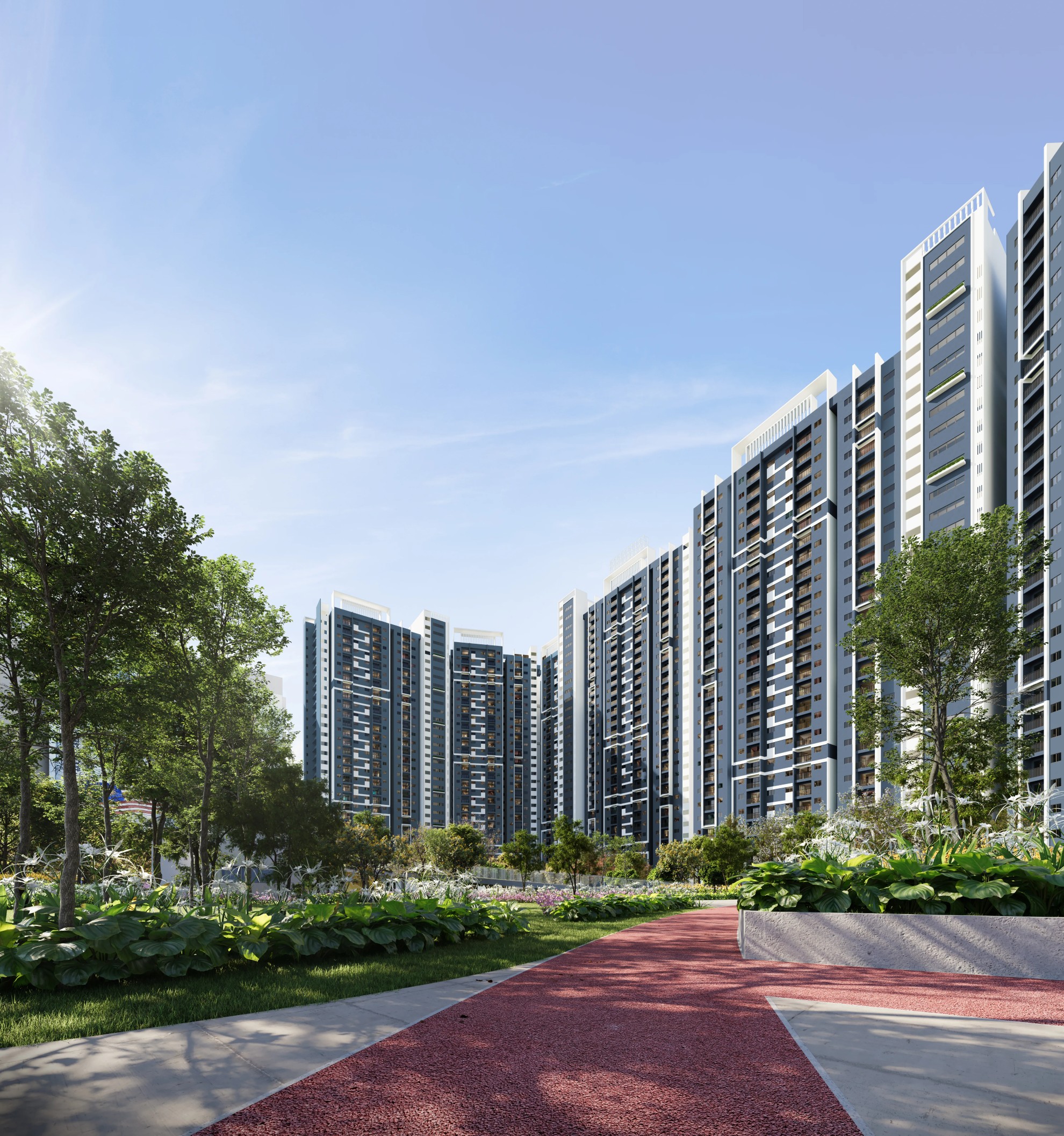 Pearlmont towers with landscaped SkyPark pathway